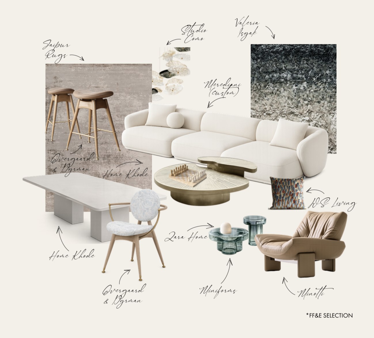 FF&E selection board for the living and dining areas