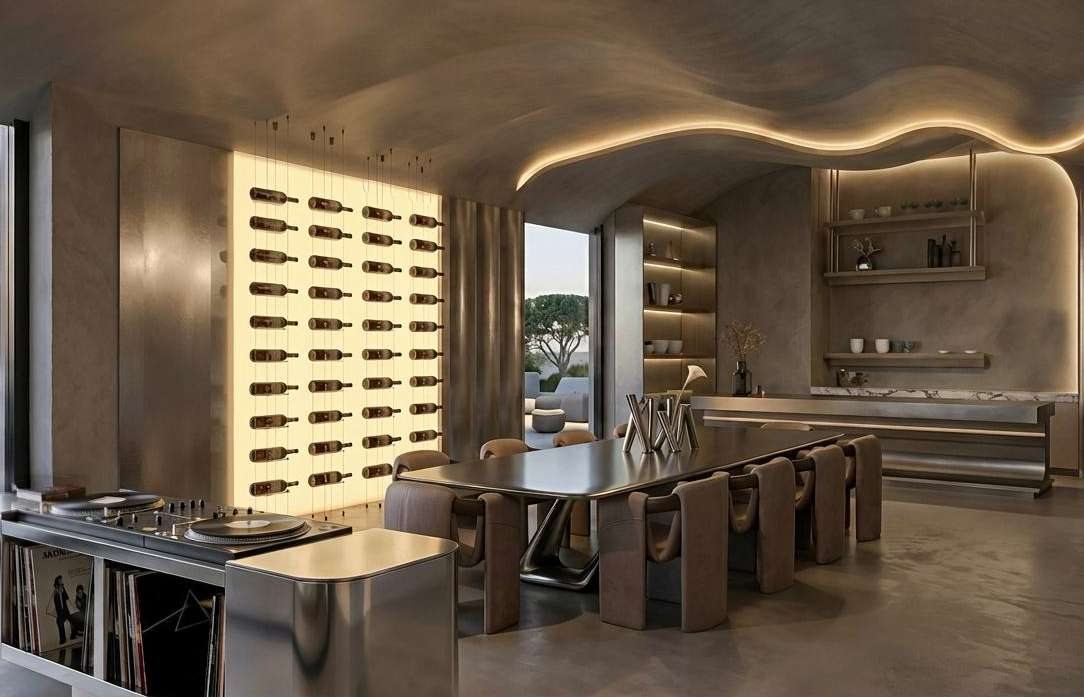 Dining space with backlit wall and curved ceiling