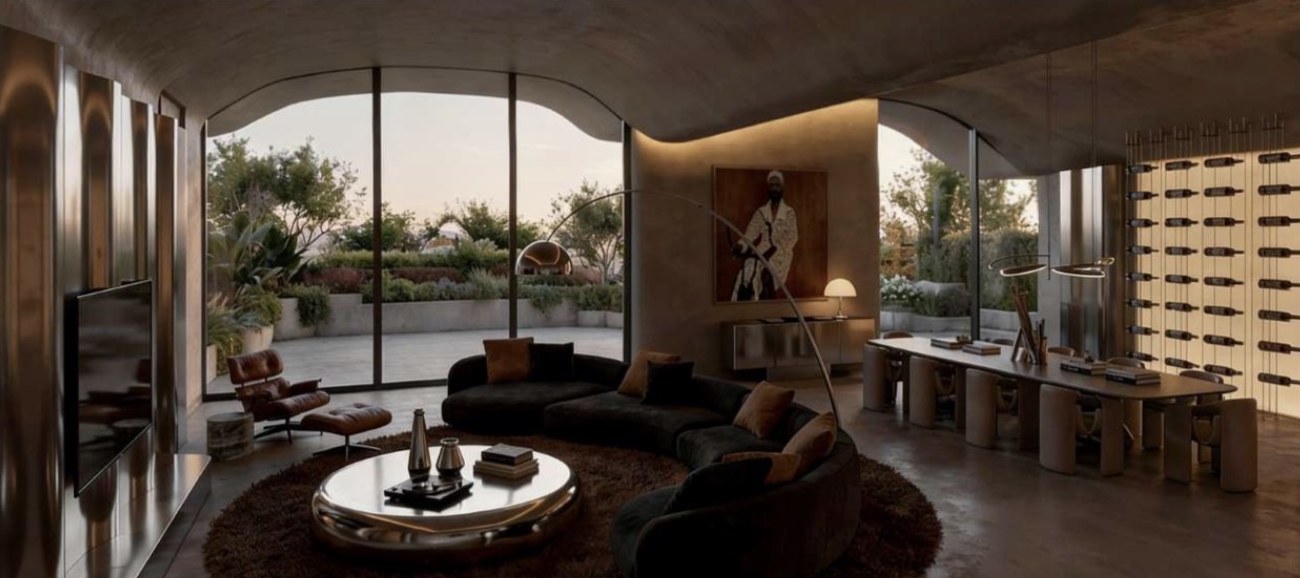 Living room with curved sofa and terrace view