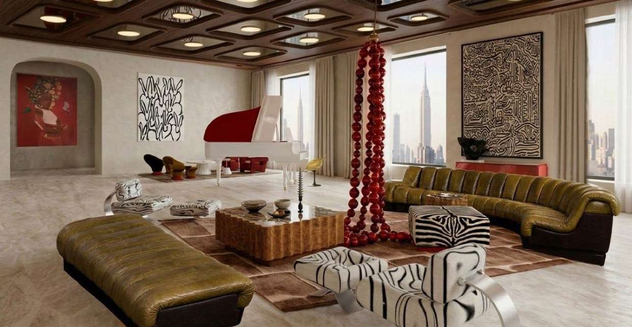 Living room with red piano and city view