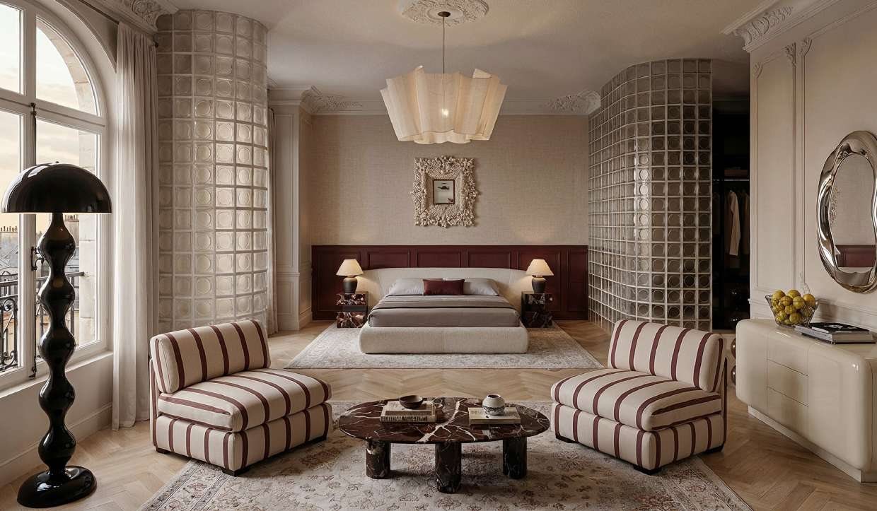 Master bedroom with curved glass blocks