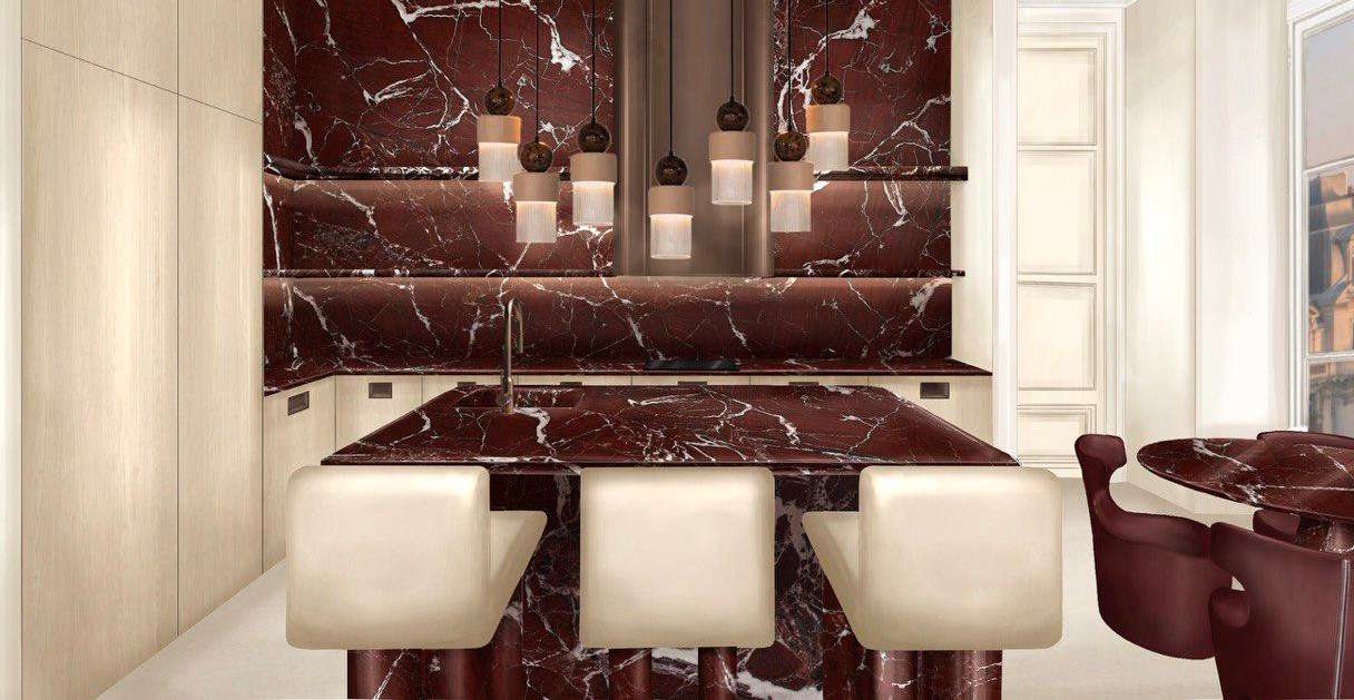 Marble island with bar stools