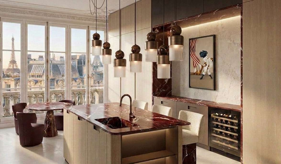 Kitchen in oak and Rosso Levanto marble